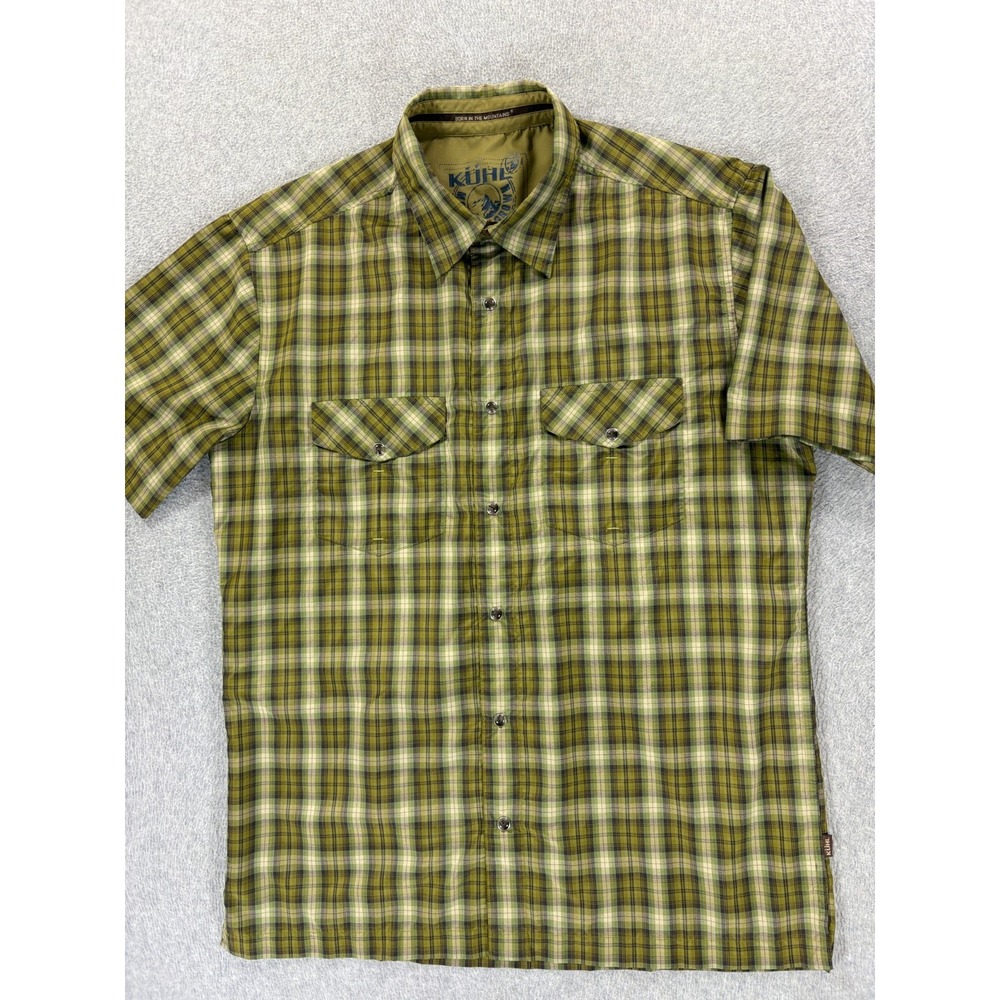Kuhl USA 100% Polyester Plaid Short Sleeve Button Down Shirt (Men's Large) Green